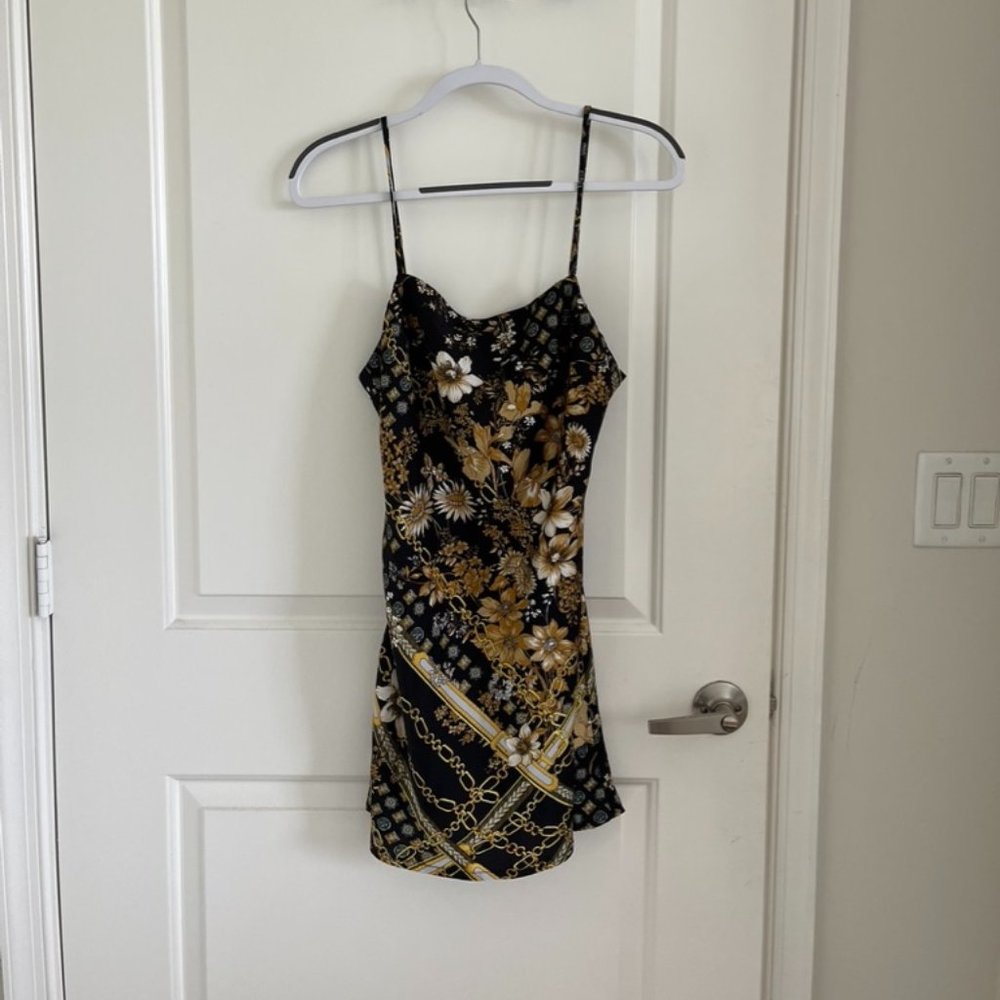 princess polly satin black and gold chain dress